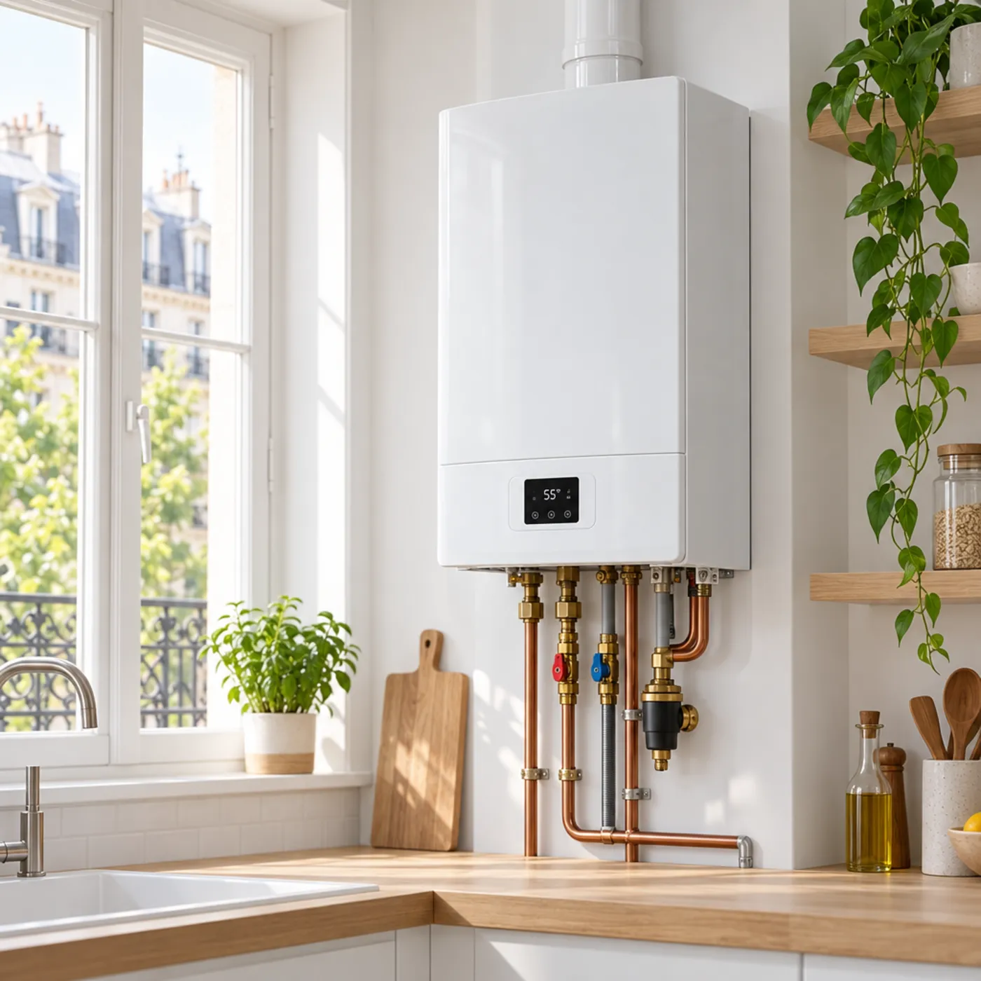 Chaudière murale gaz à condensation installée dans une cuisine parisienne