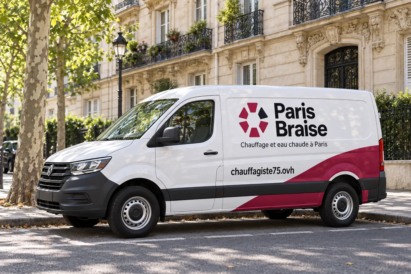 Utilitaire Paris Braise garé dans une rue haussmannienne de Paris
